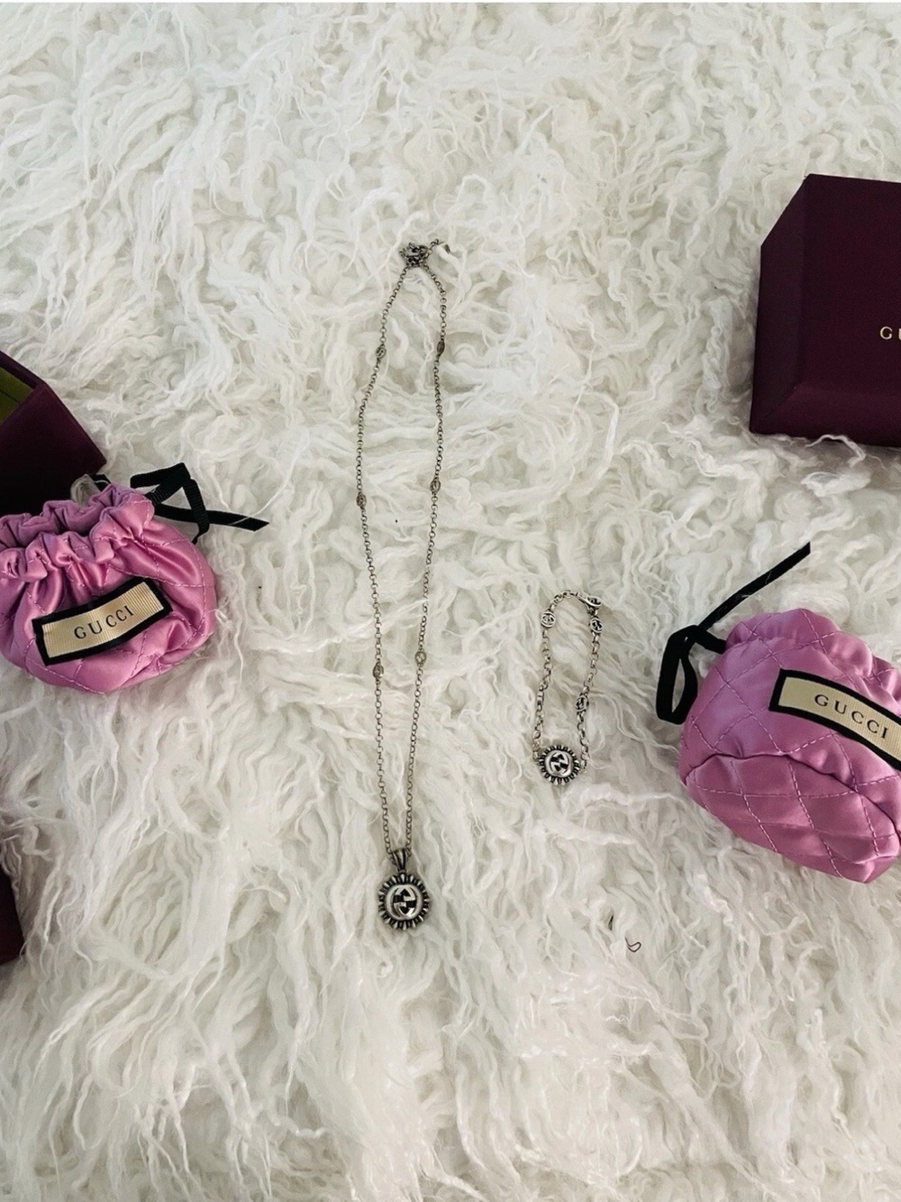 Gucci Silver Medallion Necklace and Bracelet with Pink Quilted Pouches